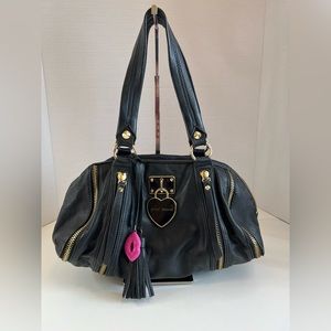 Betsey Johnson Black Satchel w/Heart, Lips & Tassel Charms Rare
